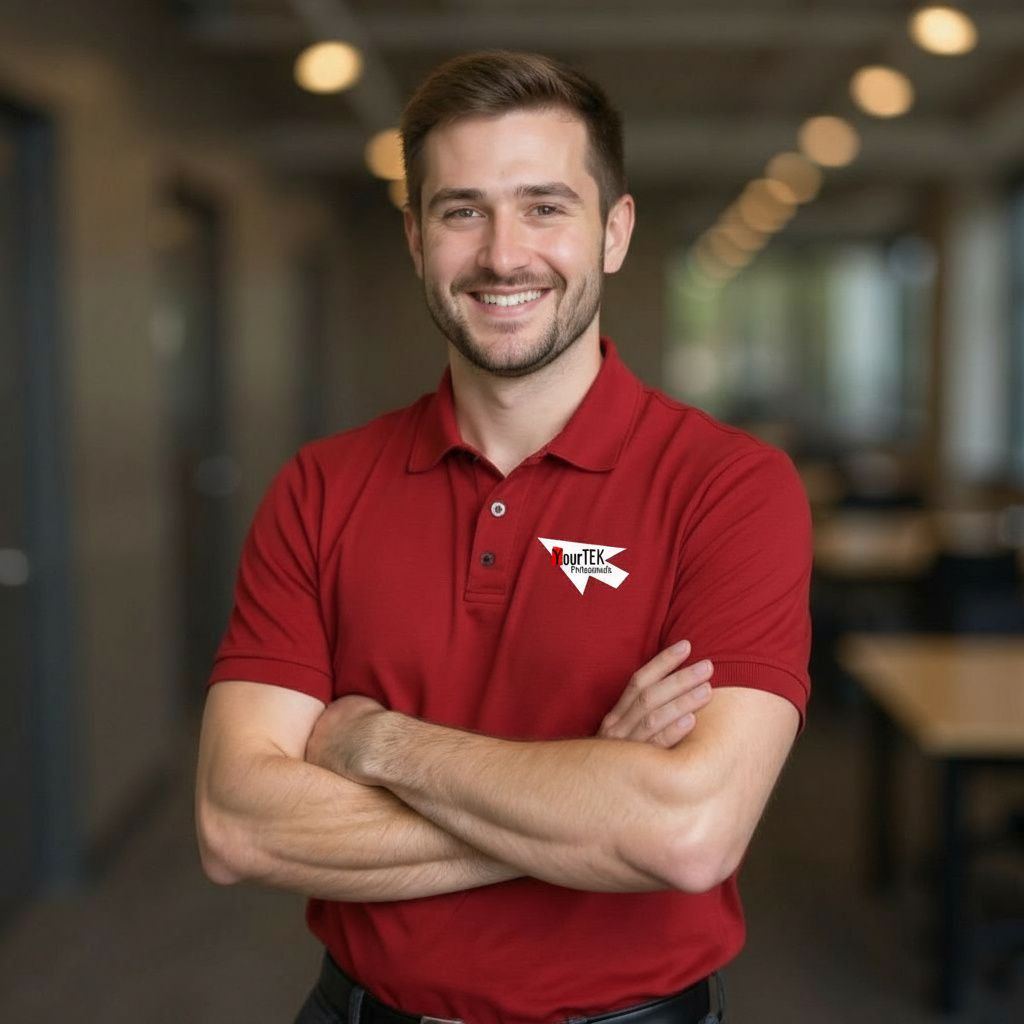 YourTEK technician in red and black polo, arms crossed, ready to assess your IT — Pensacola, FL
